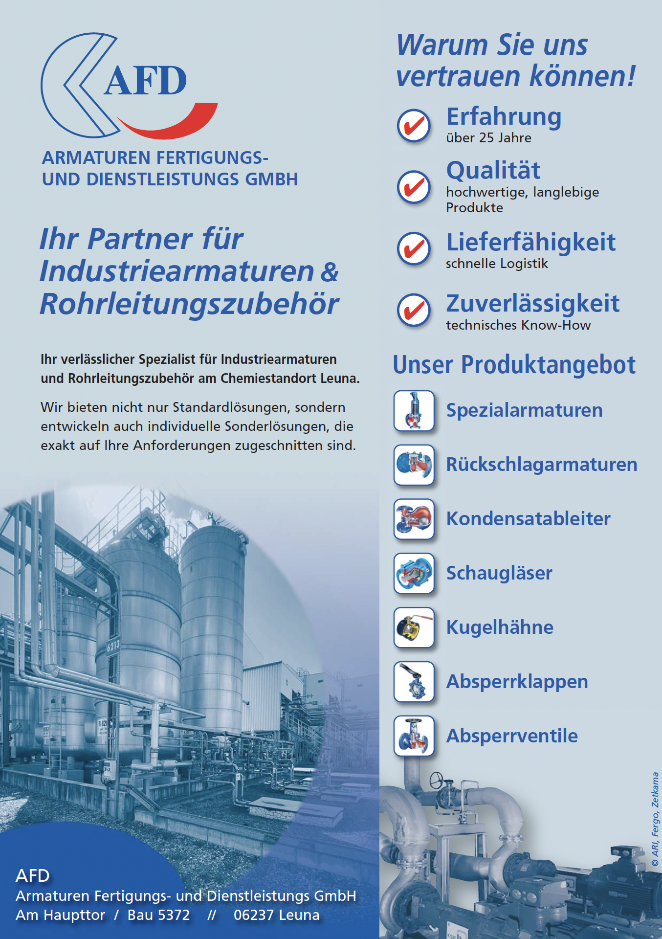 Company brochure cover for AFD Armaturen Fertigungs- und Dienstleistungs GmbH with logo and tagline on light blue gradient; bold German phrases promoting reliability and product range.