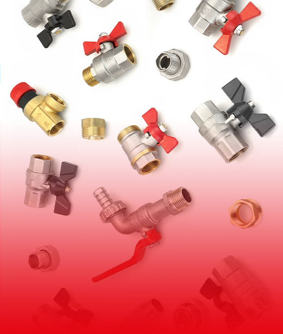 Assorted plumbing fittings and valves with red handles scattered on a white background, with a red gradient at the bottom.